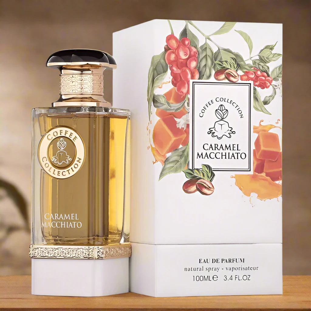 Caramel Macchiato Perfume 100ml EDP by Fragrance World - Sweet and warm fragrance in elegant packaging.