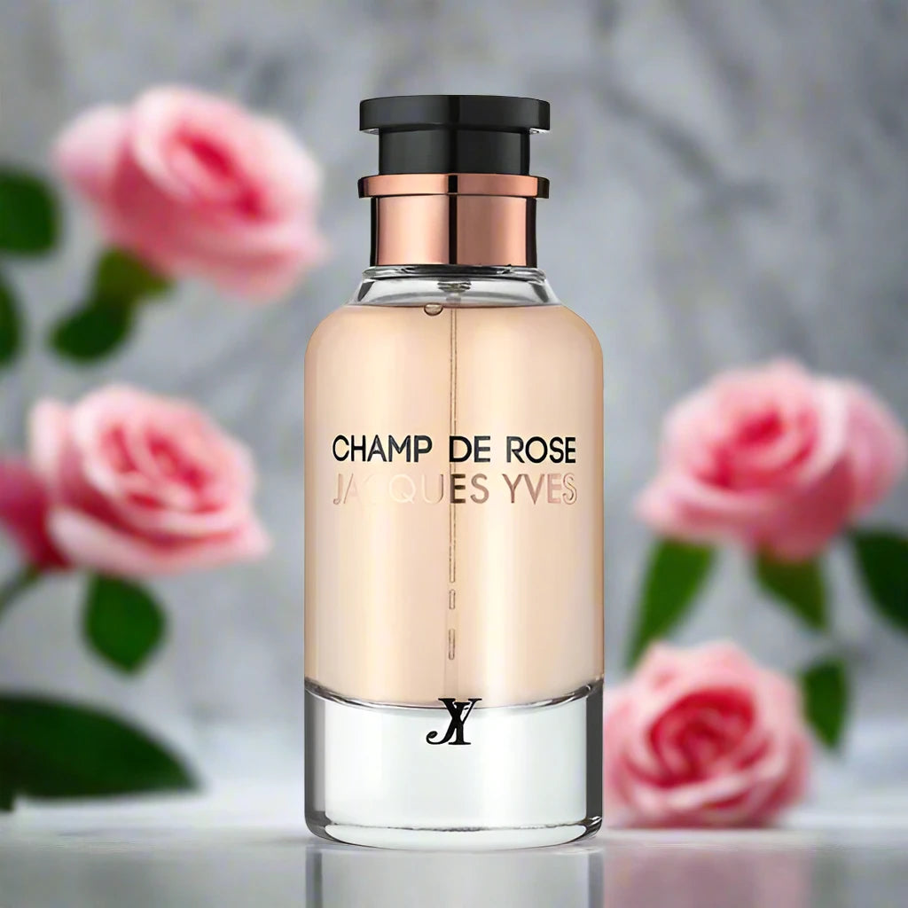 Champ De Rose Jacques Yves Perfume bottle, 100ml EDP, featuring fruity floral notes for elegance.