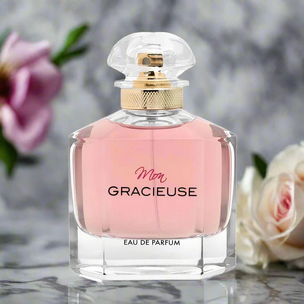 Mon Gracieuse Perfume bottle with elegant design, showcasing floral fragrance notes in a 100ml EDP.