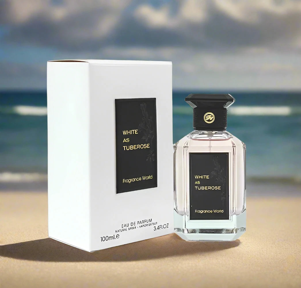 White As Tuberose Perfume bottle, 100ml EDP, featuring a blend of floral and fruity notes.