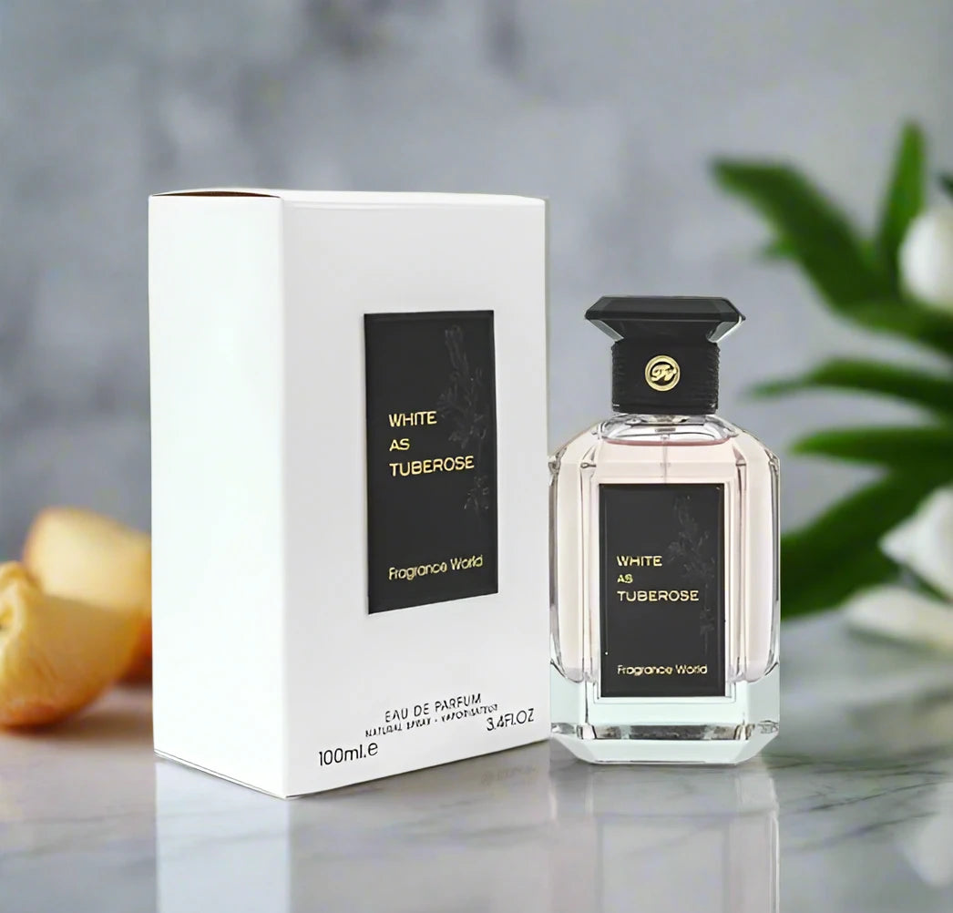 White As Tuberose Perfume bottle, 100ml EDP, featuring a blend of floral and musky notes.