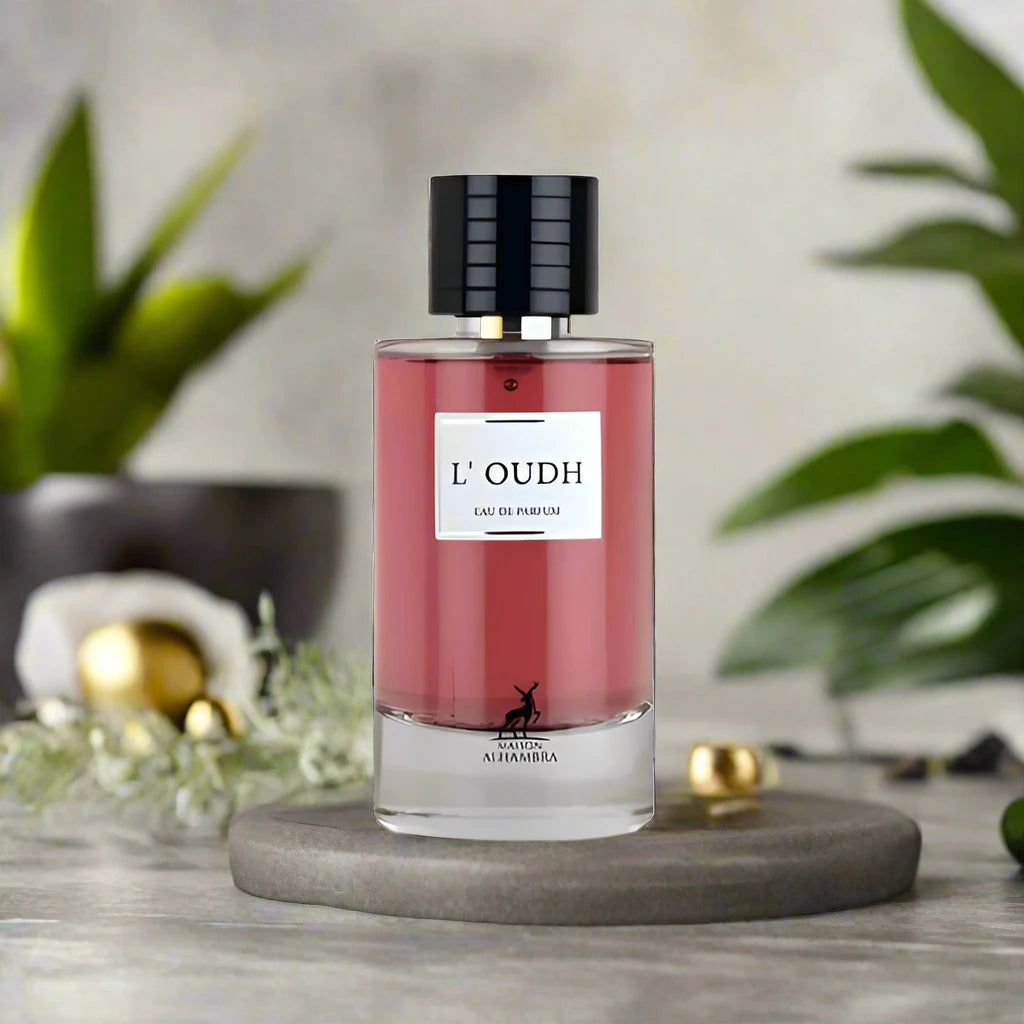 L’Oudh Perfume 100ml EDP by Maison Alhambra - Rich and exotic oud fragrance in a sleek bottle.