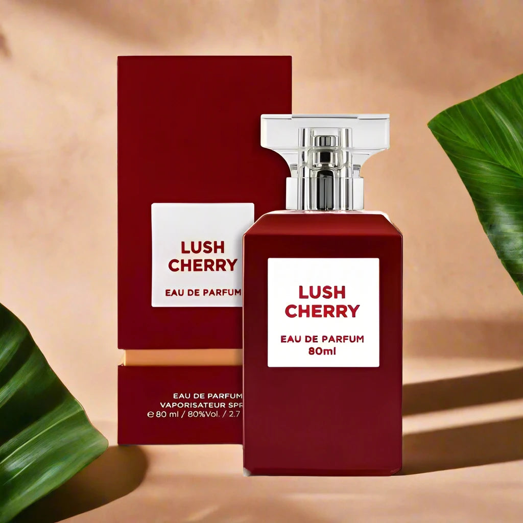 "Lush Cherry Perfume 80ml EDP by Fragrance World - A vibrant, sweet cherry scent with a refreshing, fruity essence."