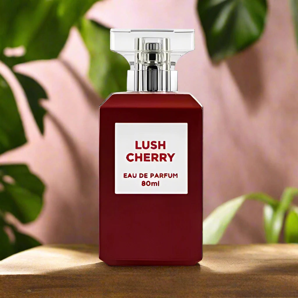 "Lush Cherry Perfume 80ml EDP by Fragrance World - A sweet and fruity fragrance with a vibrant cherry essence."