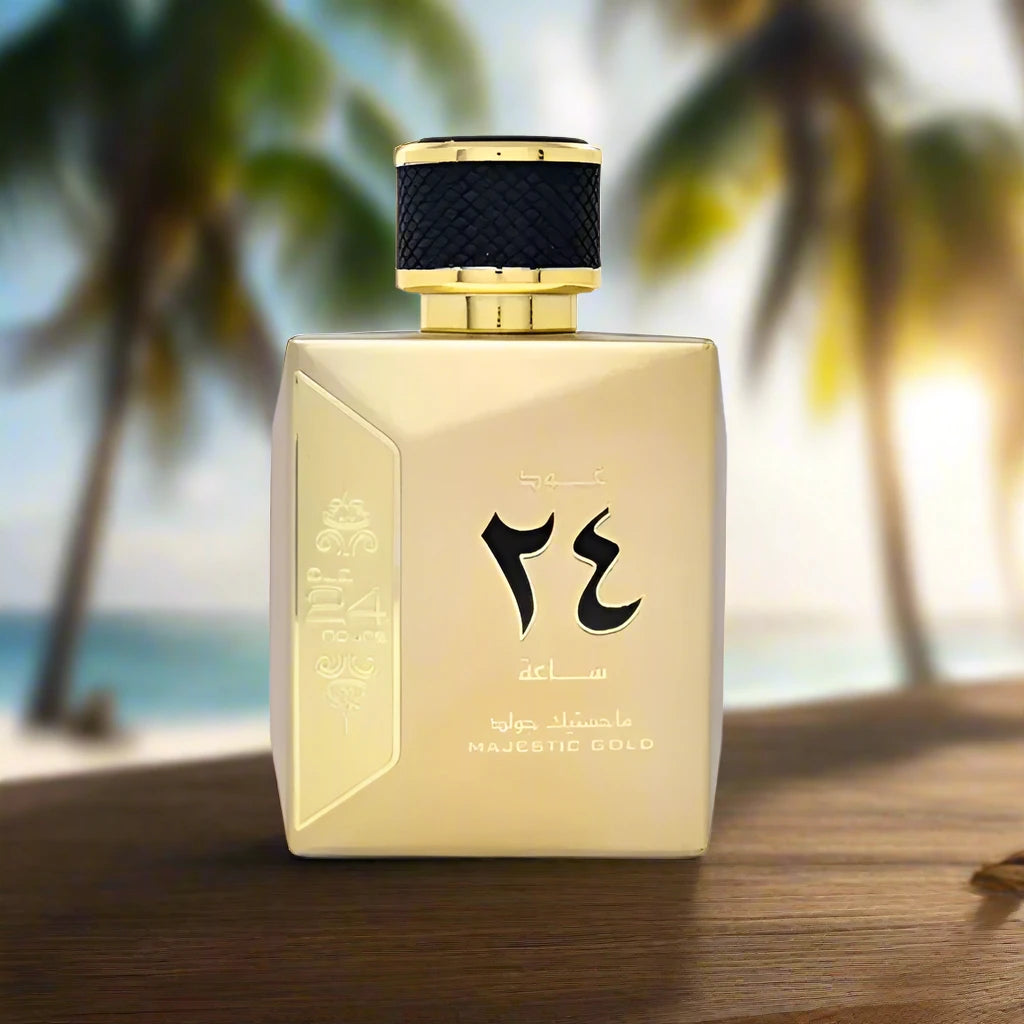 "Oud 24 Hours Majestic Gold Perfume 100ml EDP by Ard Al Zaafaran - A regal fragrance in an elegant gold bottle."