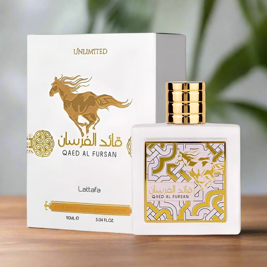 "Qaed Al Fursan Unlimited Perfume 90ml EDP by Lattafa - A bold and invigorating fragrance in a sleek bottle."