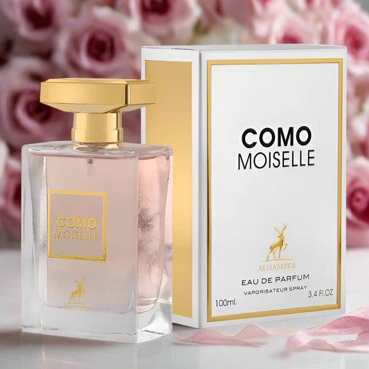 Como Moiselle 100ml EDP by Maison Alhambra – Elegant and feminine fragrance with floral and citrus notes, in a sleek, refined bottle.