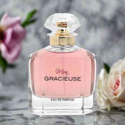 Mon Gracieuse Perfume bottle with elegant design, showcasing floral fragrance notes in a 100ml EDP.