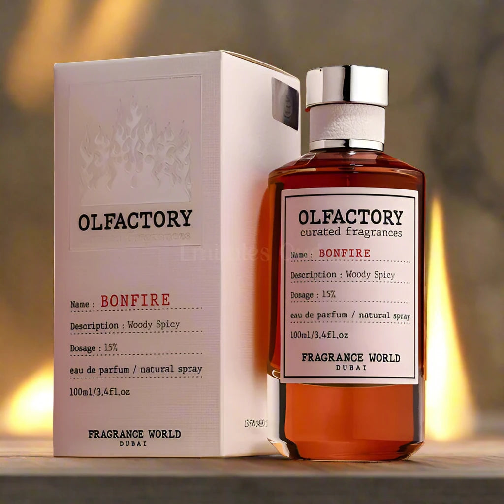 Olfactory Bonfire Perfume 100ml EDP by Fragrance World - A smoky, woody fragrance with an intense warmth.