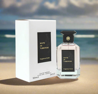 White As Tuberose Perfume bottle, 100ml EDP, featuring a blend of floral and fruity notes.