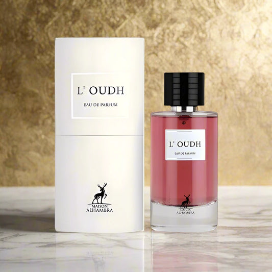L’Oudh Perfume 100ml EDP by Maison Alhambra - Luxurious oud fragrance with an elegant presentation.
