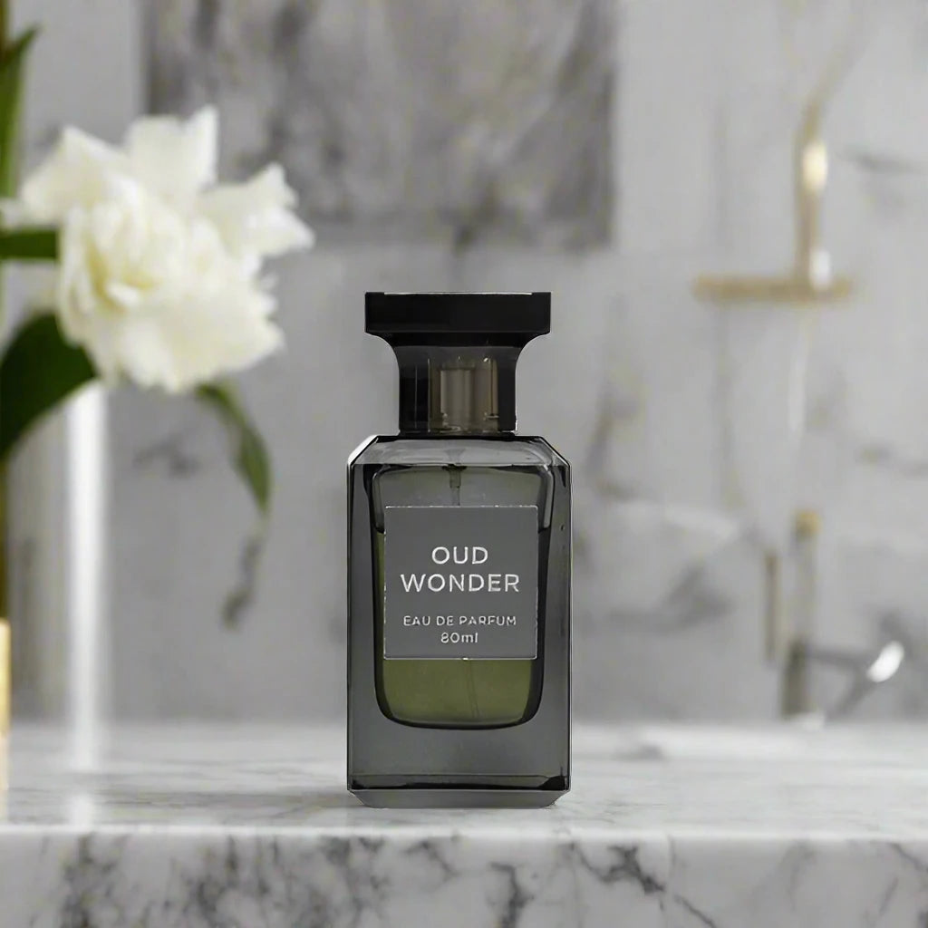 80ml Oud Wonder EDP by Fragrance World, featuring rich woody and oriental notes with warm undertones.
