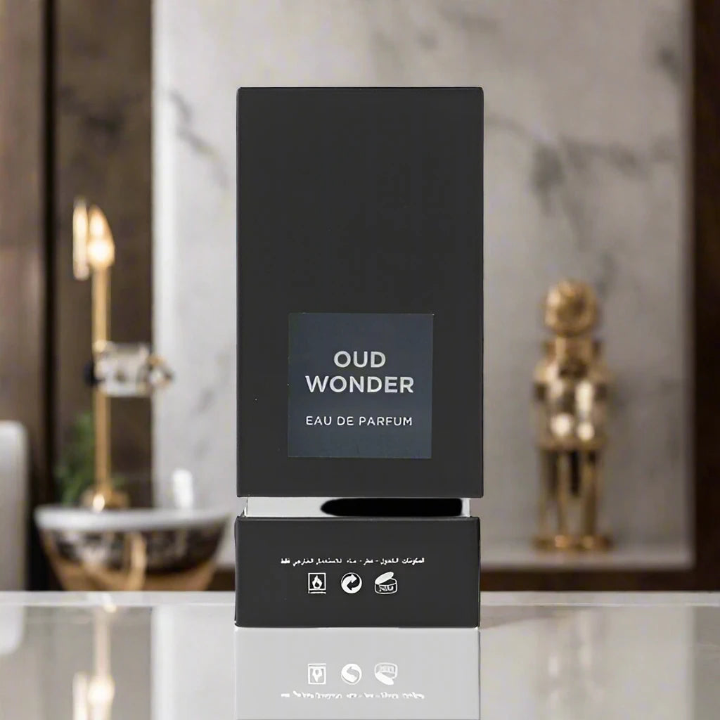 80ml Oud Wonder EDP by Fragrance World, featuring rich woody and oriental notes with warm undertones.