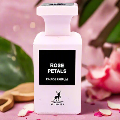 Rose Petals Perfume 80ml EDP by Maison Alhambra - Fresh, floral scent in an elegant bottle.
