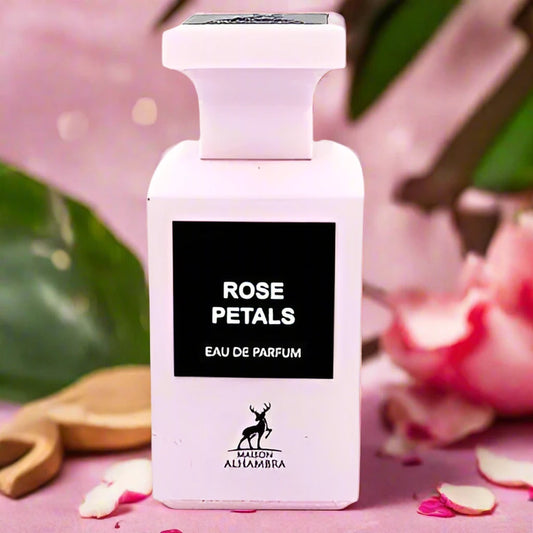 Rose Petals Perfume 80ml EDP by Maison Alhambra - Fresh, floral scent in an elegant bottle.