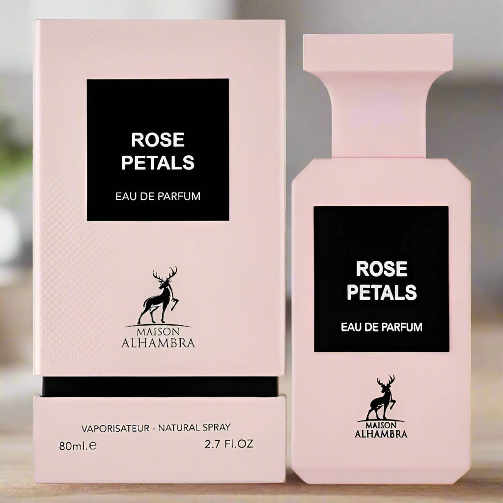 Rose Petals Perfume 80ml EDP by Maison Alhambra - Floral and delicate fragrance in a graceful bottle.